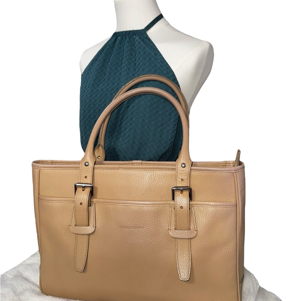 Burberry Tan Leather Tote with Buckle Accents